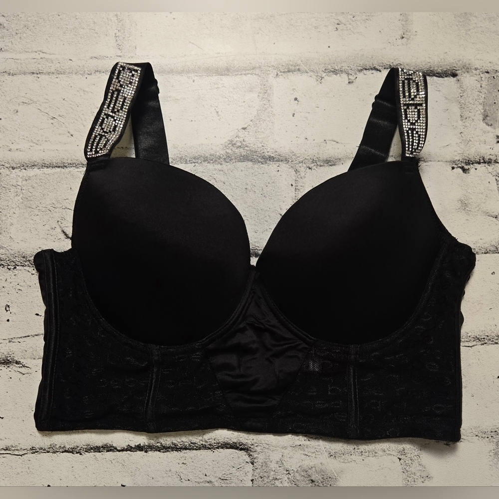 Bebe Black Longline Bra 34C Rhinestone Straps